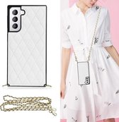 Voor Samsung Galaxy S21 5G Elegant Rhombic Pattern Microfiber Leather + TPU Shockproof Case met Crossbody Strap Chain (Wit)