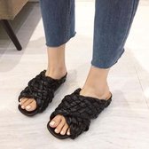 Dames zomersandalen met open teen, geweven platte slippers, maat: 35 (zwart)