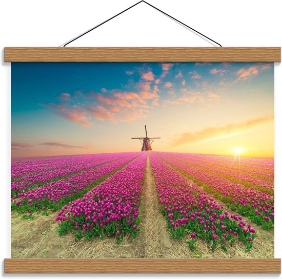 Schoolplaat – Molen in Tulpenveld - 40x30cm Foto op Textielposter (Wanddecoratie op Schoolplaat)