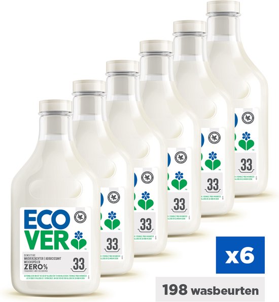 Ecover Zero - Wasverzachter - Voordeelverpakking 6 x 1 L - 198 wasbeurten - 0 % parfum & kleurstoffen - hypoallergeen - Plantaardig & Biologisch afbreekbaar - Dermatologisch getest