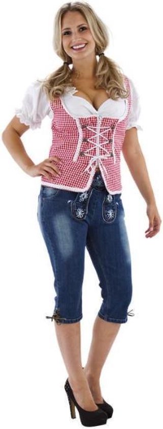 Dirndl Top Rood-Wit - Dames - Oktoberfest - Tirool - Geblokt - Met Ritssluiting - Exclusief Wit Topje - Maat L