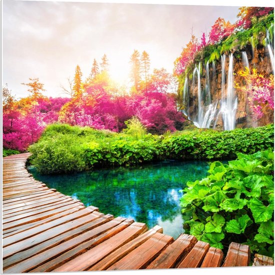 Forex - Brug om Mooie Waterval - 80x80cm Foto op Forex