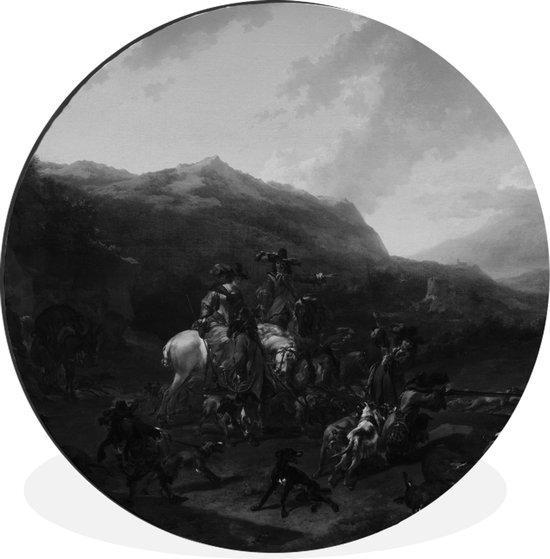 WallCircle - Wandcirkel - Muurcirkel - Wilde zwijnenjacht in zwart-wit - Nicolaes Pietersz Berchem - Aluminium - Dibond - ⌀ 90 cm - Binnen en Buiten
