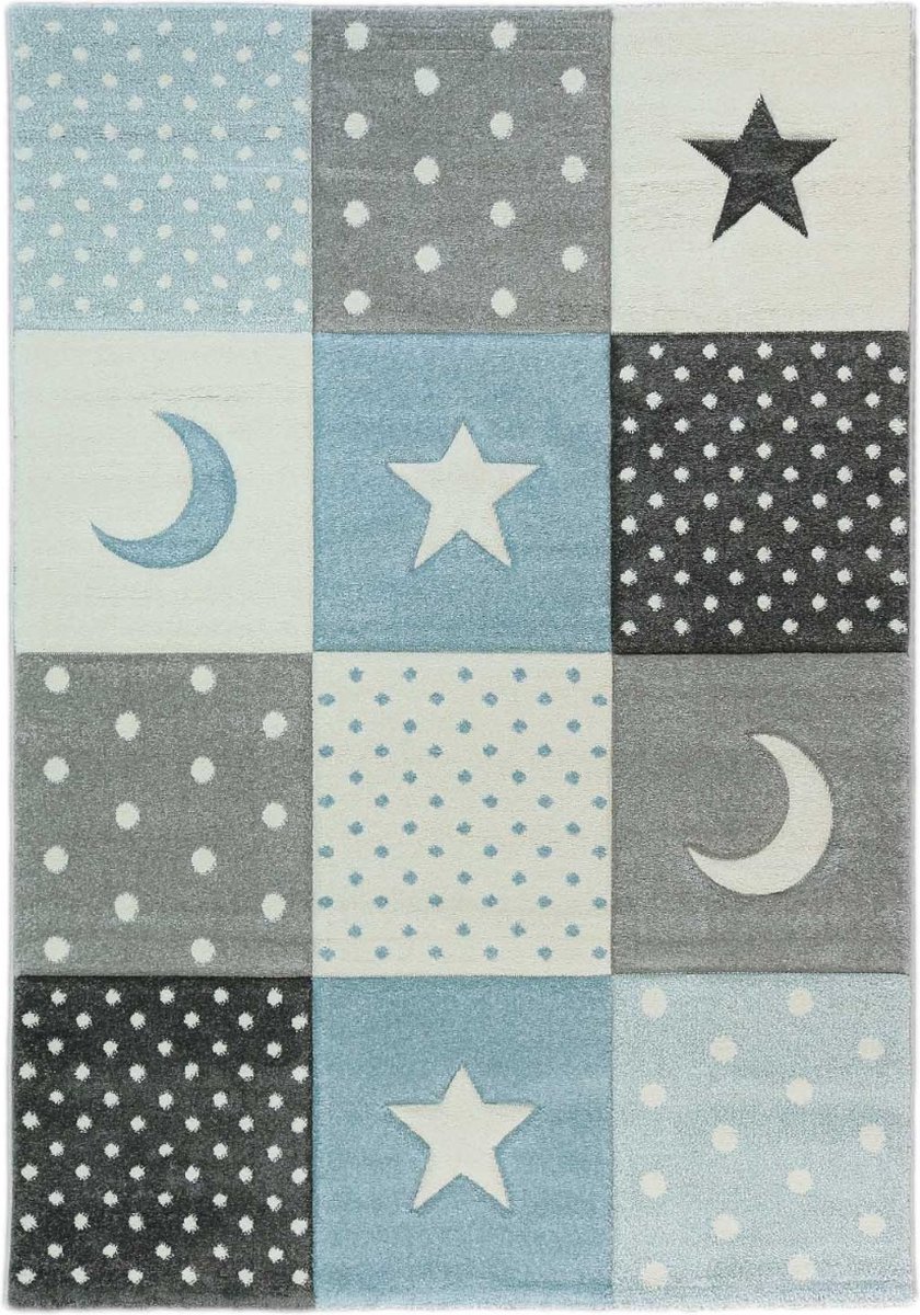 Karpet24 Pastel kids – Zacht Kinderkamer Vloerkleed met Sterren en Manen in Blauw-Grijs -160 x 230 cm