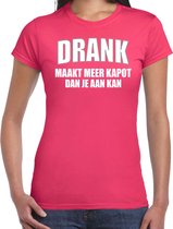 Fun t-shirt - drank maakt meer kapot dan je aan kan - fuchsia roze - - dames - feest shirts 2XL