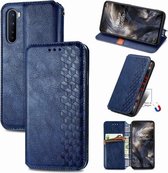 For One Plus Nord Cubic Grid Pressed Horizontal Flip Magnetic PU Leather Case met houder & kaartsleuven & portemonnee (blauw)