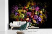 Behang - Fotobehang Stilleven met bloemen en fruit - Breedte 420 cm x hoogte 280 cm