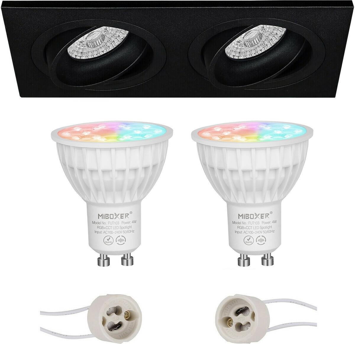 Mi-Light MiBoxer - LED Spot Set GU10 - Smart LED - Wifi LED - Slimme LED - 4W - RGB+CCT - Aanpasbare Kleur - Dimbaar - Proma Borny Pro - Inbouw Rechthoek Dubbel - Mat Zwart - Kantelbaar - 175x92mm