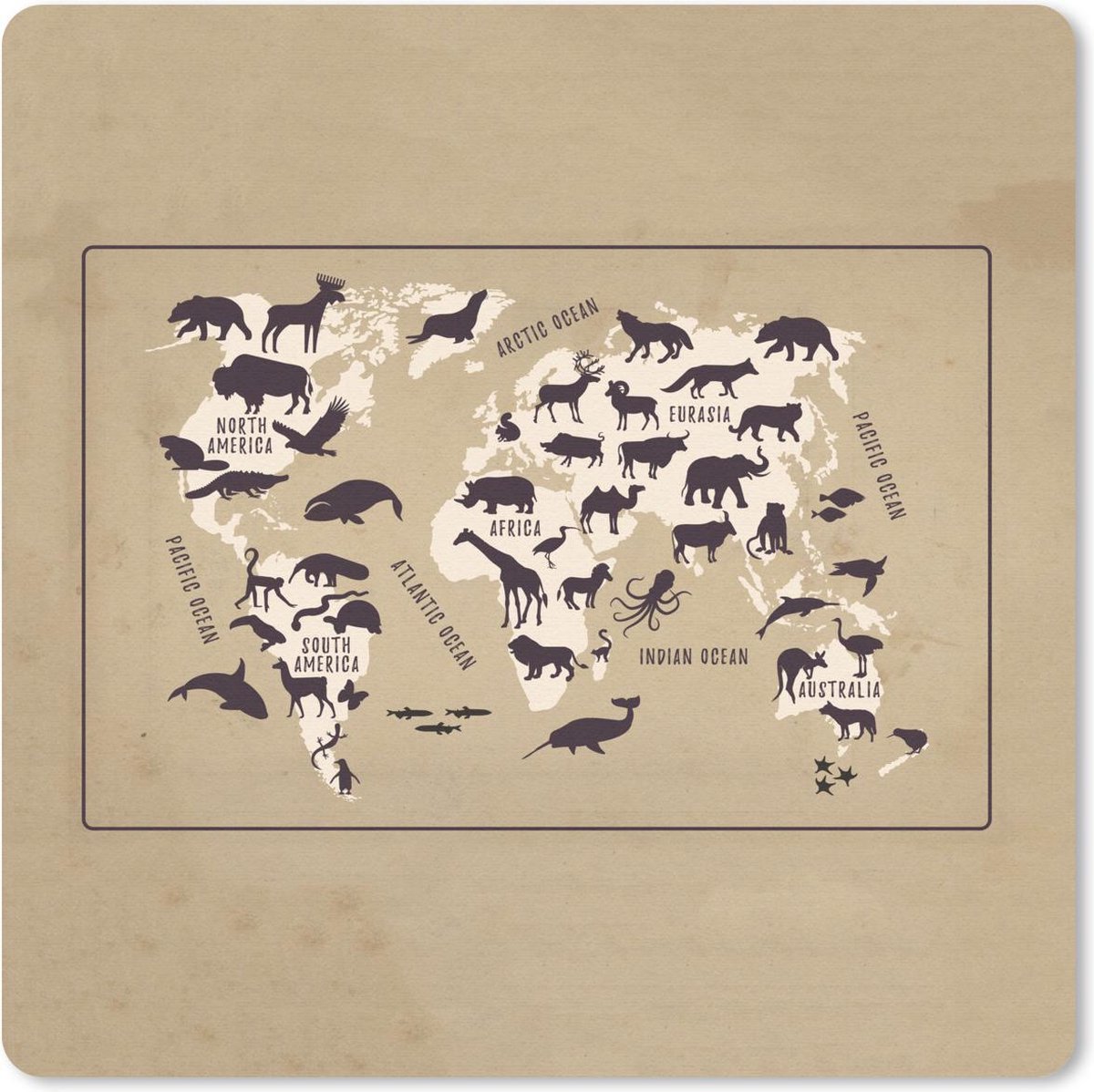Muismat 30x30 cm - Mousepad Wereldkaart Kinderen - Dieren - Bruin - Muismatten
