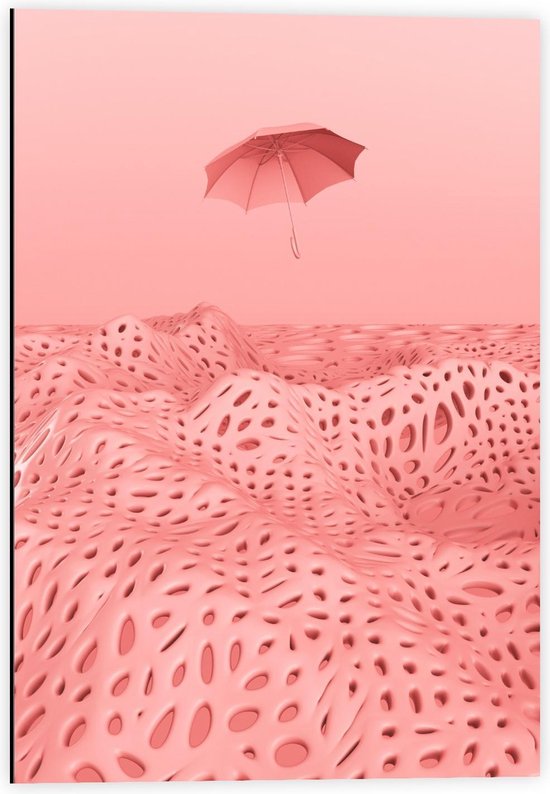 Dibond - Roze Vliegende Paraplu met Hobbelige Grond - 40x60cm Foto op Aluminium (Wanddecoratie van metaal)