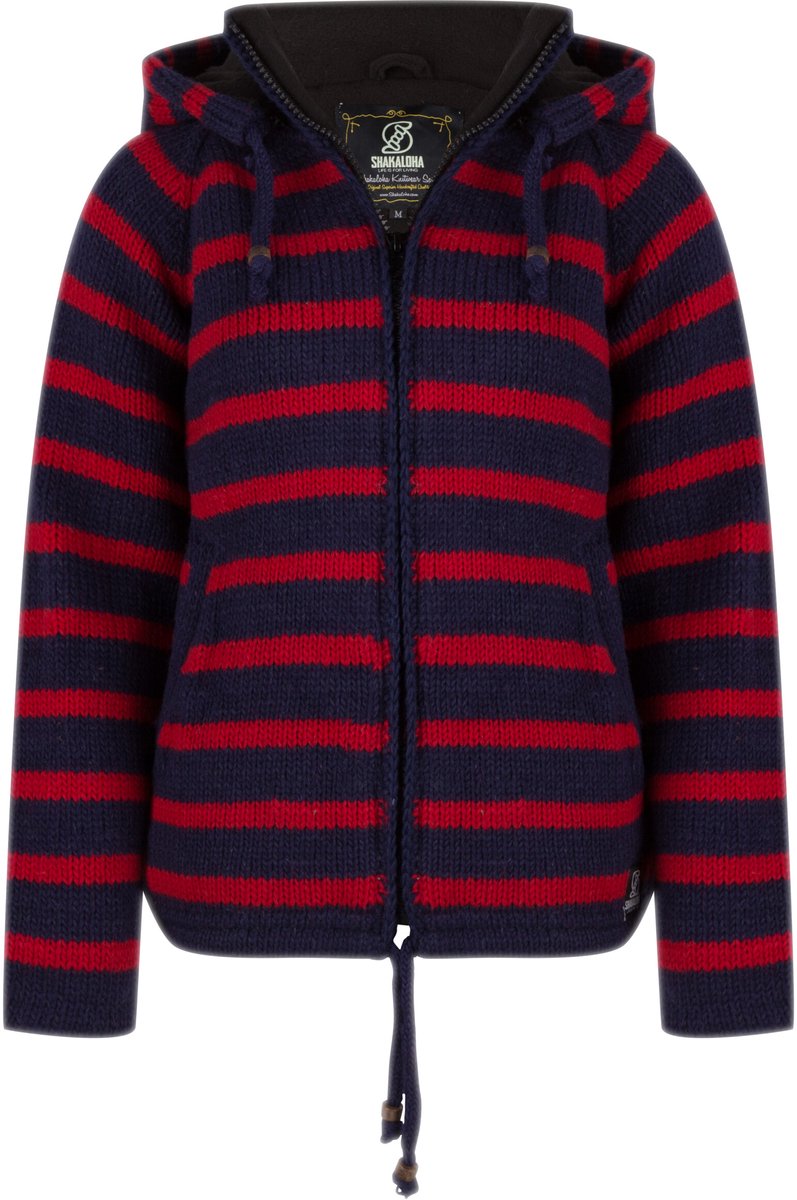 Gebreid Wollen Dames Vest van Schapenwol met Polyester Fleece voering en afneembare capuchon SHAKALOHA W Breton Ziphood Navyred