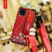 Voor Huawei Nova 6 SE Floral Doekpatroon Shockproof TPU Case met houder & polsband & nek Lanyard (rood)