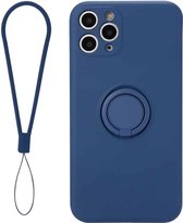 Voor iPhone 11 Effen kleur Vloeibaar siliconen Schokbestendig Volledige dekking Beschermhoes met ringhouder en draagkoord (donkerblauw)