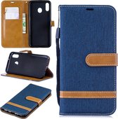 Kleurafstemming Denim Texture Leather Case voor Galaxy M20, met houder & kaartsleuven & portemonnee & lanyard (donkerblauw)