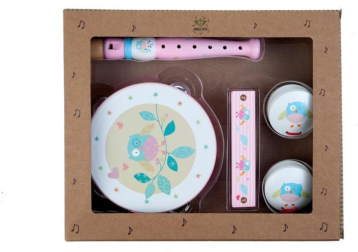 Afbeelding van product Angel Toys  MUSIC SET 5 INSTRUMENTS - PINK OWL PRINT