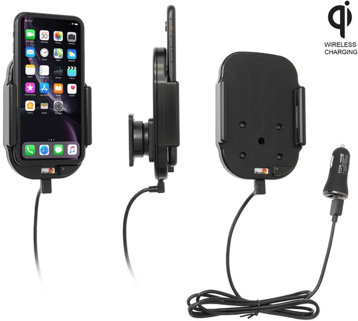 Brodit houder geschikt voor Apple iPhone XR / 11 QI wireless houder met 12V USB plug
