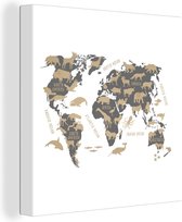 Canvas Wereldkaart - 20x20 - Wanddecoratie Wereldkaart Kinderen - Bruin - Dieren