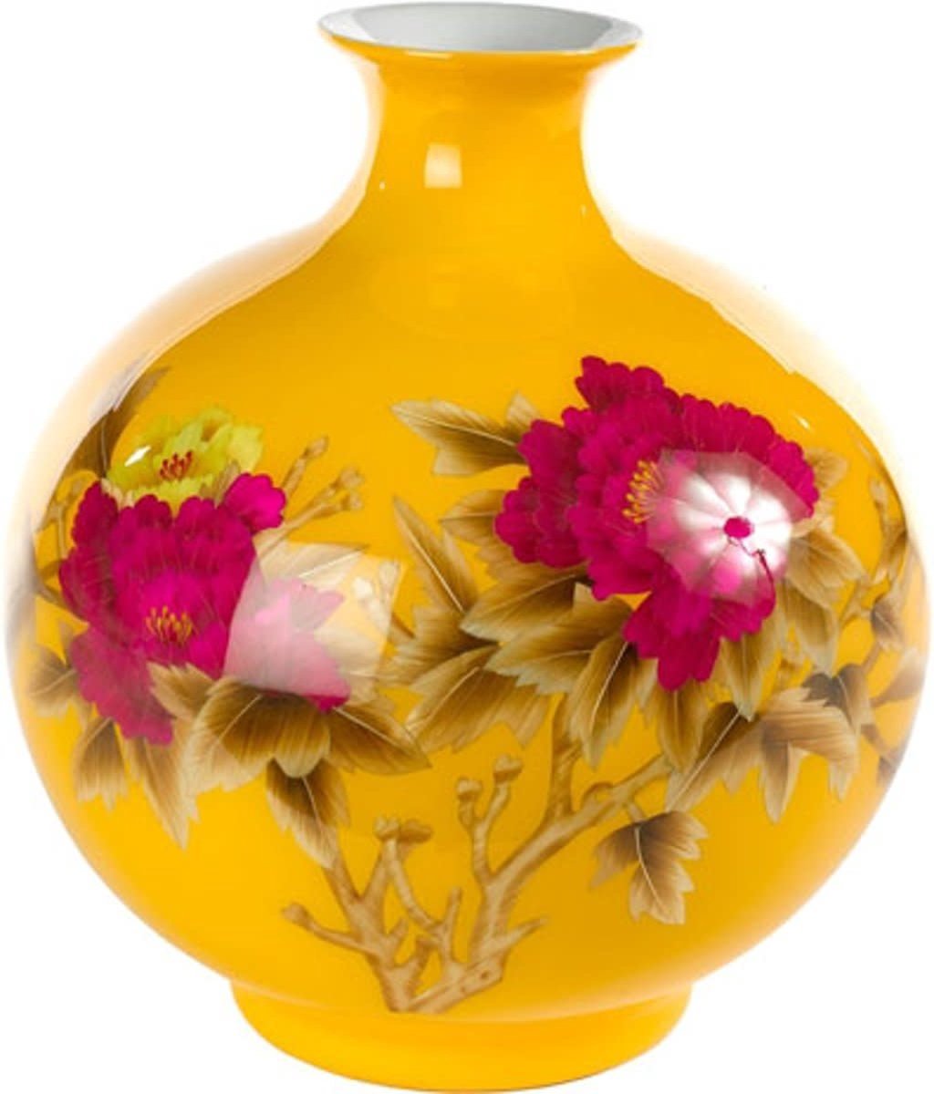 Fine Asianliving Chinese Vaas Porselein Handgemaakt Pioenrozen Geel H29.5cm