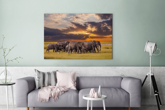 Troupeau d'éléphants au bord d'un lac toile 2cm 140x90 cm - Tirage photo sur toile peinture (Décoration murale salon / chambre) / animaux sauvages Peintures sur toile