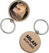 Houten sleutelhanger rond met naam / foto bedrukken - Foto cadeau, naam kado,