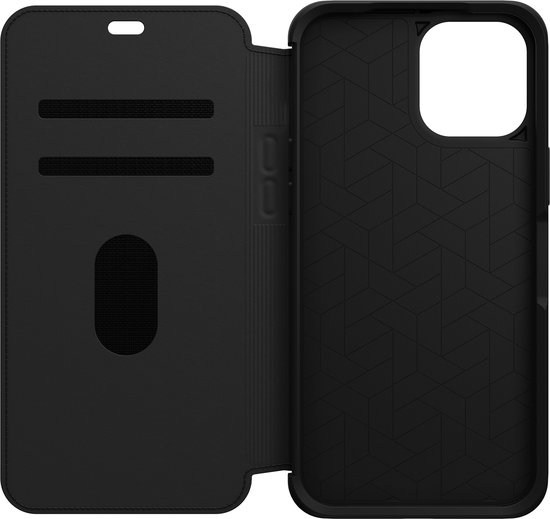 Zwarte OtterBox Strada telefoonhoes, opengeklapt met vakjes voor pasjes en de binnenkant.
