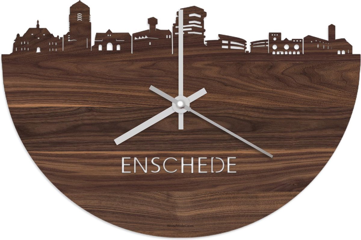 Skyline Klok Enschede Notenhout - Ø 40 cm - Stil uurwerk - Wanddecoratie - Meer steden beschikbaar - Woonkamer idee - Woondecoratie - City Art - Steden kunst - Cadeau voor hem - Cadeau voor haar - Jubileum - Trouwerij - Housewarming - WoodWideCities