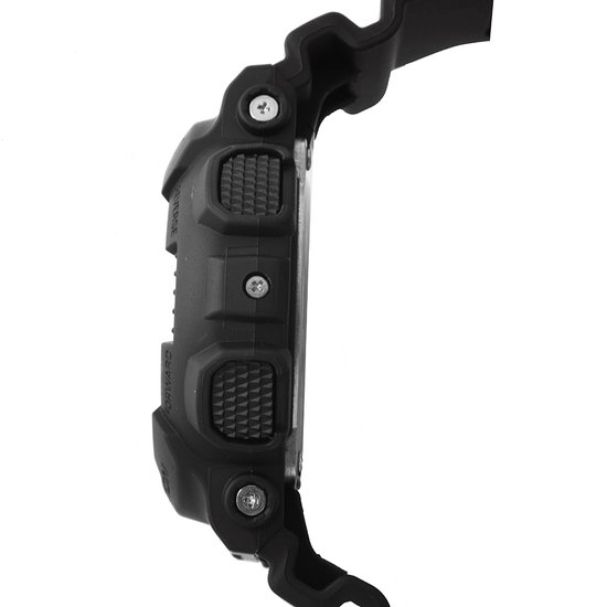 Zijkant van een zwarte G-Shock horloge met drukknopdetails en banden.