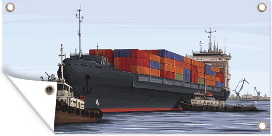 Une illustration d'un remorqueur et d'un cargo affiche de jardin 60x30 cm - petit - Toile de jardin / Toile d'extérieur / Peintures d'extérieur (décoration de jardin)