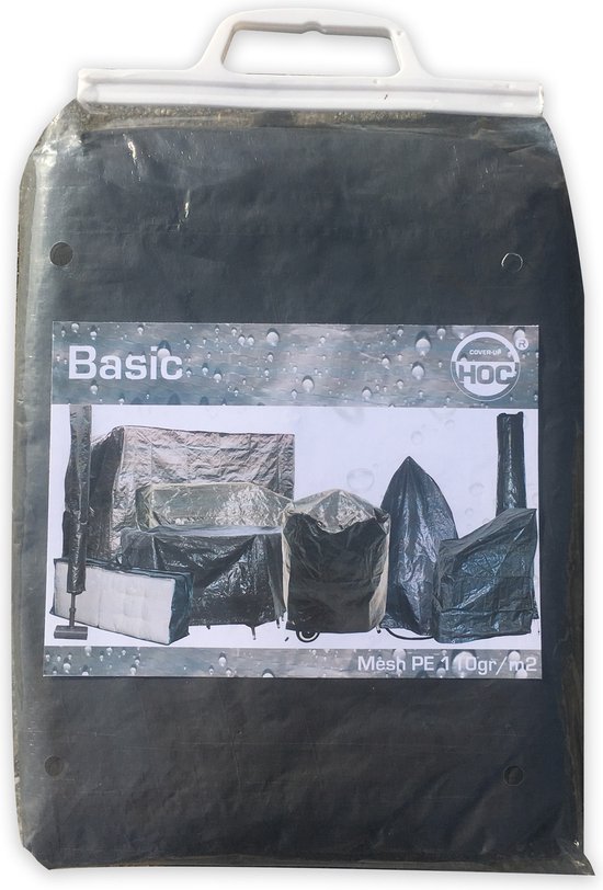 Verpakking van parasolhoezen. Toont verschillende hoezen voor tuinmeubelen, met 'Basic' en 'Mesh PE 110gr/m2' opdruk.
