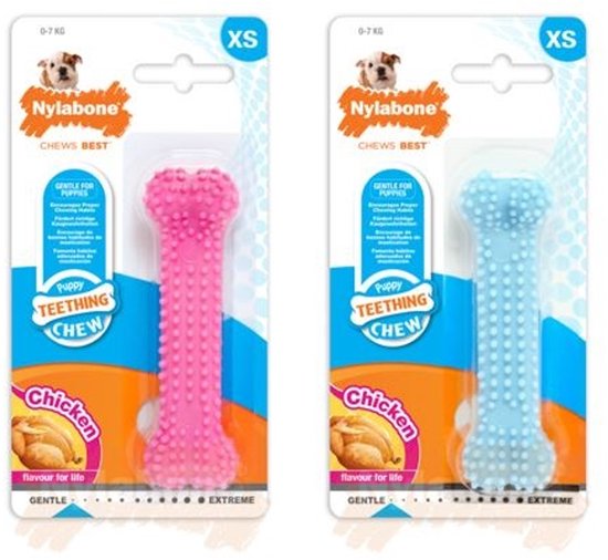 Roze en blauwe Nylabone Puppy Teething Chew met kip smaak