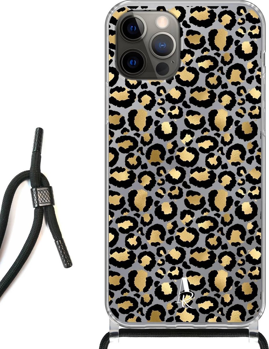 iPhone 12 hoesje met koord - Luipaardprint Goud
