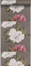 Origin behang hibiscus motief taupe en aubergine paars - 307140 - 52 cm x 10,05 m
