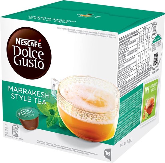 Nescafe Dolce Gusto Marrakesh Style Tea verpakking met een mok gevuld met amberkleurige thee en een muntblaadje.