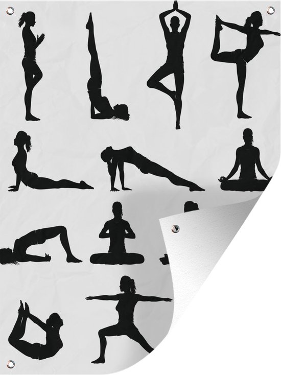 Tuinposter 60x80 cm - Tuindecoratie Yoga - Vrouwen - Zwart - Poster voor in de tuin - Buiten decoratie - Schutting tuinschilderij - Tuindoek muurdecoratie - Wanddecoratie balkondoek