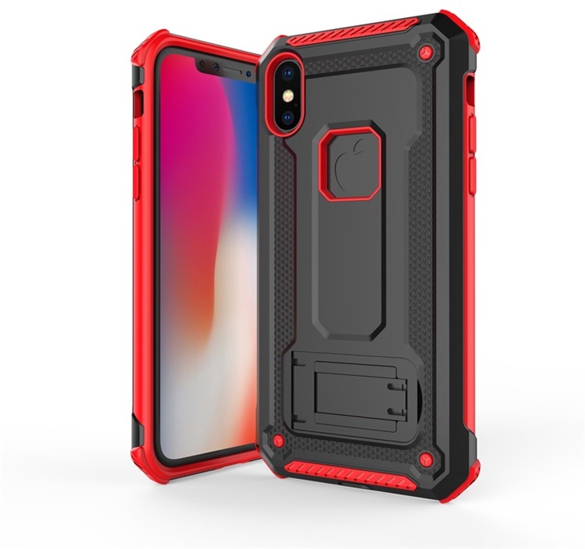 Ntech hoesje Geschikt voor iPhone Xs Max - Armor hoesje met Kickstand Zwart & Rood