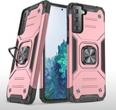 Samsung S21 Hoesje - Heavy Duty Armor hoesje Rose Goud - Galaxy S21 silicone TPU hybride hoesje Kickstand ringhouder met Magnetisch Auto Mount