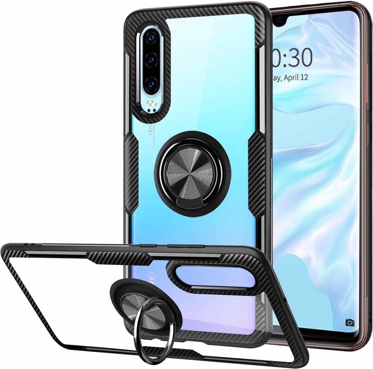 Hoesje Geschikt Voor Samsung Galaxy A50/A50s Luxe Back Hoesje & Metale Ring houder - Zwart