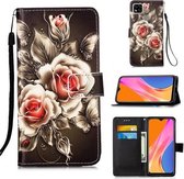 Voor Geschikt voor Xiaomi Redmi 9C Gekleurd tekeningpatroon Plain Weave Horizontale flip lederen tas met houder & kaartsleuf & portemonnee & lanyard (rozen op zwart)
