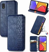 Voor Samsung Galaxy A21 (JP-versie) Cubic Grid Pressed Horizontal Flip Magnetic PU Leather Case met houder & kaartsleuven & portemonnee (blauw)