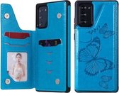 Vlinder reliëfpatroon schokbestendig beschermhoes met houder & kaartsleuven en fotolijst voor Samsung Galaxy Note20 (blauw)