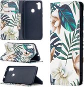 Voor Samsung Galaxy A11 Gekleurde tekening patroon onzichtbare magnetische horizontale flip PU lederen tas met houder & kaartsleuven & portemonnee (rode bladeren)