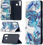 Voor Samsung Galaxy A21 Gekleurde tekening patroon onzichtbare magnetische horizontale flip PU lederen tas met houder & kaartsleuven & portemonnee (blauw blad)