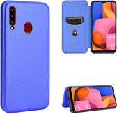 Voor Samsung Galaxy A20s koolstofvezel textuur magnetische horizontale flip TPU + pc + PU lederen tas met touw en kaartsleuf (blauw)