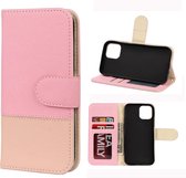 Voor iPhone 12 Pro Splicing Color Horizontale Flip lederen tas met houder & fotolijst & kaartsleuven & portemonnee (roze)