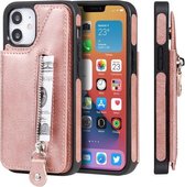 Effen kleur dubbele gesp rits schokbestendige beschermhoes voor iPhone 12 mini (rose goud)