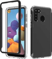 Voor Samsung Galaxy A21 schokbestendig TPU-frame + doorzichtige pc-achterkant van de behuizing + PET-schermbeschermer aan de voorkant (zwart)