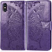 Butterfly Love Flowers Embossing Horizontale Flip Leather Case voor iPhone X, met houder & kaartsleuven & portemonnee & lanyard (donkerpaars)