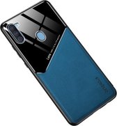 Voor Samsung Galaxy A11 All-inclusive lederen + organische glazen beschermhoes met metalen ijzeren plaat (koningsblauw)