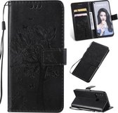 Tree & Cat Pattern Pressed Printing Horizontale Flip PU lederen tas met houder & kaartsleuven & portemonnee & lanyard voor Huawei P20 Lite 2019 / Nova 5i (zwart)