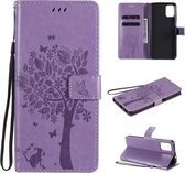 Voor Motorola Moto G9 Plus Tree & Cat Pattern Pressed Printing Horizontale Flip PU lederen tas met houder & kaartsleuven & portemonnee & lanyard (lichtpaars)